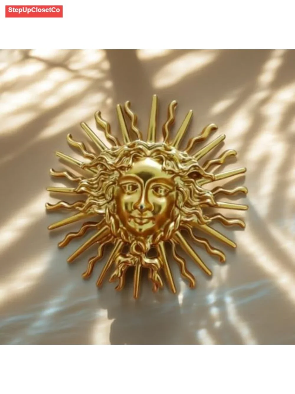 Vintage Gold Plated Sun Goddess Brooch Pin Baroque Celestial Helios Face Brooch